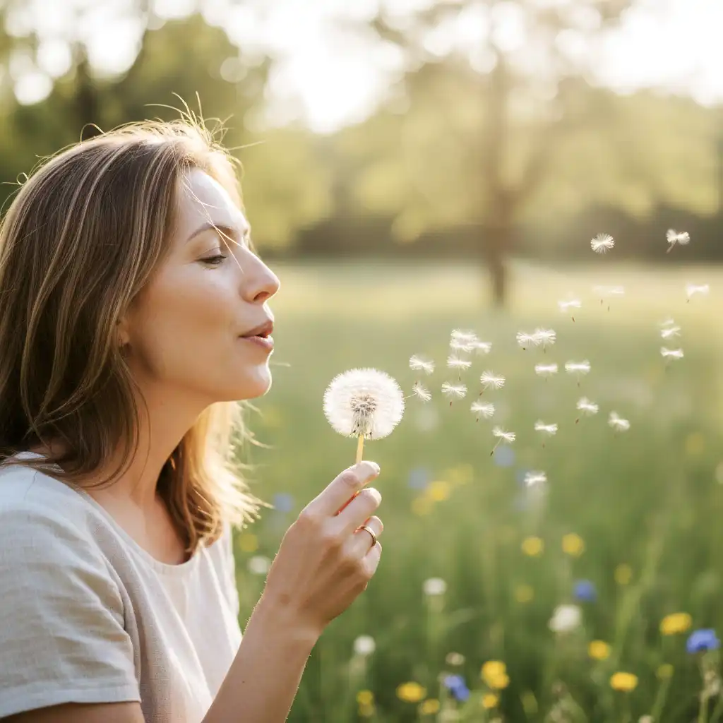 Junge Frau im weißen T-Shirt sitzt links auf einer Blumenwiese und pustet eine Pusteblume, Samen fliegen davon.