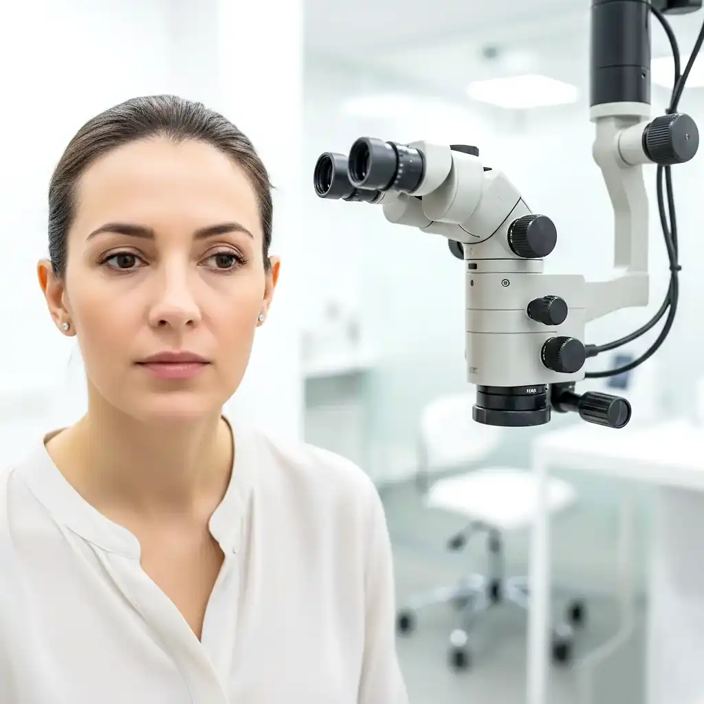 Frau in weißer Bluse sitzt in einer HNO-Praxis, über ihr hängt ein Ohrenmikroskop.“ Frau in weißer Bluse sitzt in einer HNO-Praxis, über ihr hängt ein Ohrenmikroskop.“