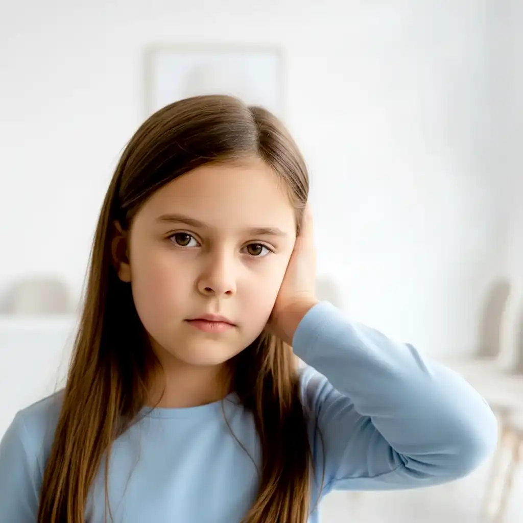 Junges Mädchen mit braunen Haaren trägt einen blauen Pullover und hält sich ein Ohr zu, hinter ihr ist der Wartebereich einer Arztpraxis zu sehen. Junges Mädchen mit braunen Haaren trägt einen blauen Pullover und hält sich ein Ohr zu, hinter ihr ist der Wartebereich einer Arztpraxis zu sehen.