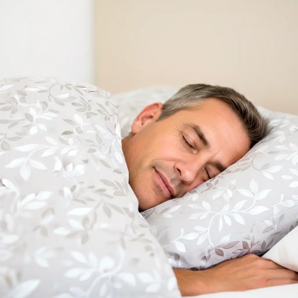 Mann mit grünen Haaren liegt entspannt unter einer Decke auf einem Kopfkissen und schläft friedlich.