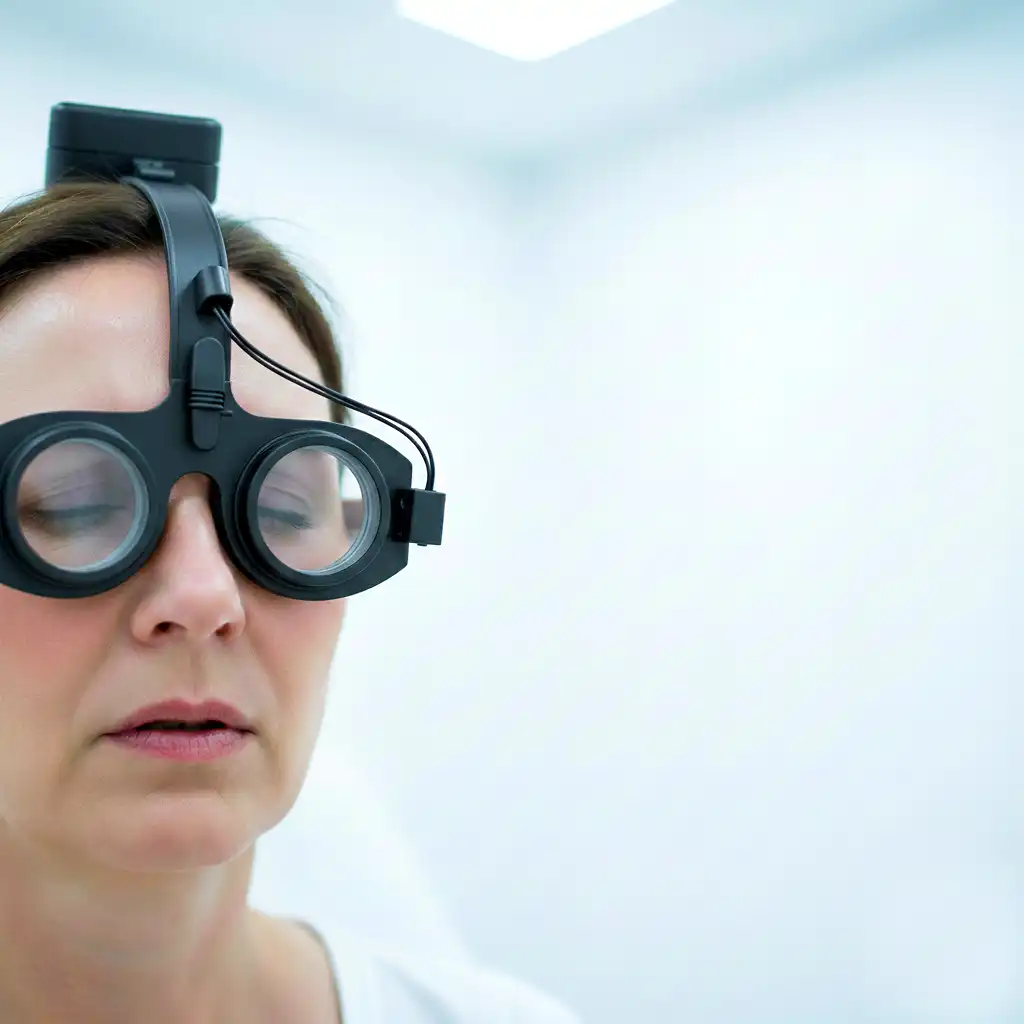 Frau mit braunem Haar trägt eine Frenzelbrille und wird wegen Schwindelgefühlen untersucht.