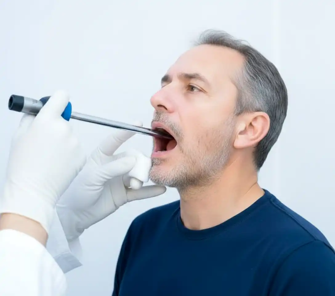Ein Mann mit grauen Haaren im blauen Pullover bei einer Lupenlaryngoskopie. Ein Mann mit grauen Haaren im blauen Pullover bei einer Lupenlaryngoskopie.